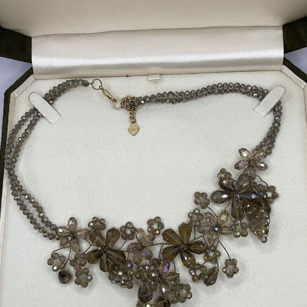 Vtg Nakamol Signed Aurora Borealis Glass Bead Bib Necklace Iridescent Flower